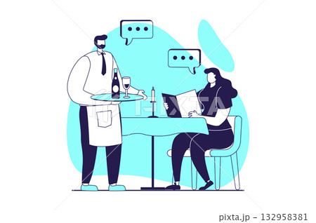 Cooking and restaurant web concept with flat people for website design. Waiter serving food to customers, holding wine bottle for visitor, woman sits table in cafe, making order. Vector illustration. 132958381