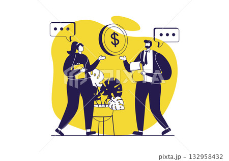 Business meeting web concept with flat people for website design. Businessman and businesswoman discussing investments, financial consulting, making partnership negotiation. Vector illustration. 132958432