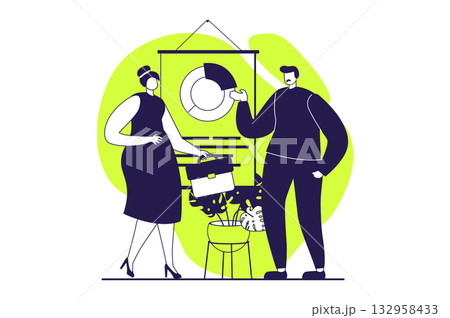 Business meeting web concept with flat people for website design. Businessman and businesswoman discussing report with diagram, making contracts and partnership negotiation. Vector illustration. Business meeting web concept with flat people for website design. Businessman and businesswoman discussing report with diagram, making contracts and partnership negotiation. Vector illustration. 132958433