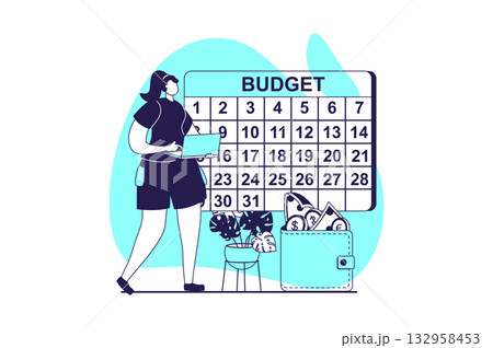 Analyzing budget web concept with flat people for website design. Woman working with financial report, planning financial goals with calendar, accounting income and earning money. Vector illustration. Analyzing budget web concept with flat people for website design. Woman working with financial report, planning financial goals with calendar, accounting income and earning money. Vector illustration. 132958453