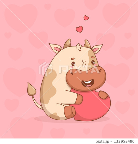 Romantic Happy Little Cow with Heart. Funny Festive Kawaii Animal valentine on Pink Background. Vector illustration. Not AI 132958490