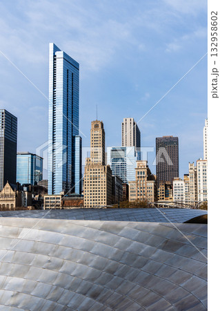The beautiful skyline of Chicago features stunning architecture and modern skyscrapers under a clear blue sky. 132958602