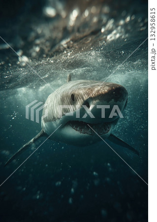 Shark leaping from ocean surface in dramatic underwater moment showcasing its power and grace Shark leaping from ocean surface in dramatic underwater moment showcasing its power and grace 132958615