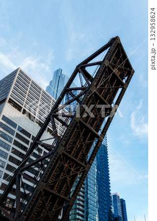 Chicago iconic bridges and skyscrapers against a bright blue sky Chicago iconic bridges and skyscrapers against a bright blue sky 132958624