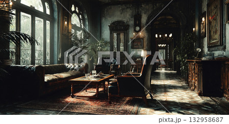 Elegant vintage interior with rich textures and warm lighting in a cozy living area 132958687