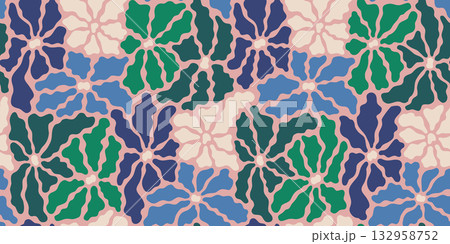 Bold abstract groovy flowers. Retro floral vector seamless background for wrapping paper, card, textile design. Trendy modern 132958752