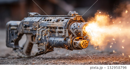 Modern American grenade launcher fires in action during military training exercise Modern American grenade launcher fires in action during military training exercise 132958796