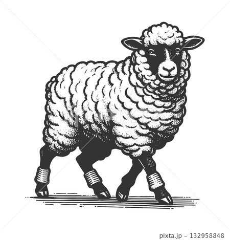 Walking Sheep engraving sketch raster illustration 132958848