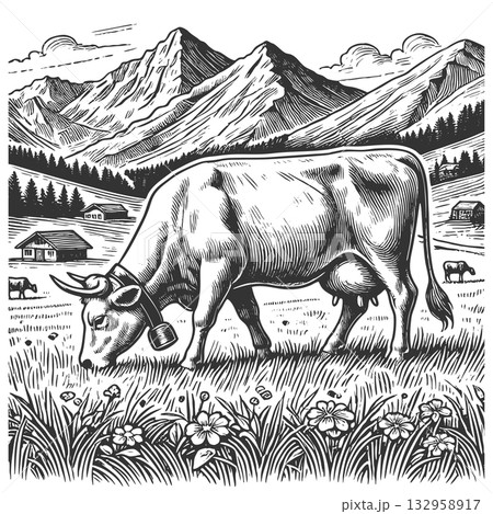 Grazing Cow in Mountain Landscape engraving raster 132958917