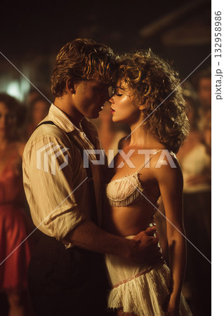 Dancers embrace during a passionate performance in a modern evening setting Dancers embrace during a passionate performance in a modern evening setting 132958986