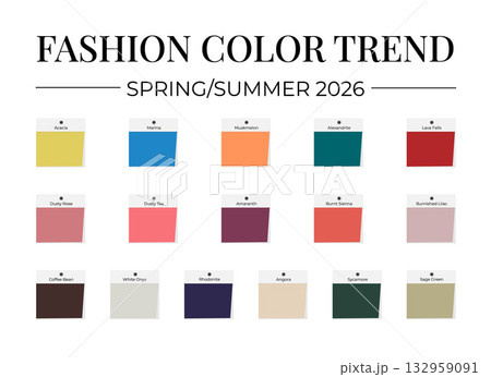 Fashion Color Trend Spring - Summer 2026. Trendy colors palette guide. Fabric swatches with color names. Vector template for your creative designs. Fashion Color Trend Spring - Summer 2026. Trendy colors palette guide. Fabric swatches with color names. Vector template for your creative designs. 132959091