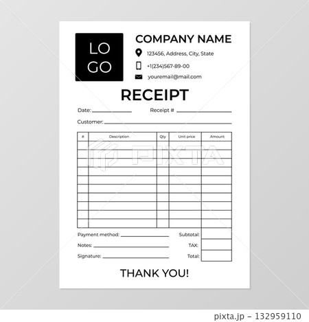 Receipt vector template. Minimal design payment bill. Corporate stationery layout. Financial document. Blank paper page on gray background. 132959110