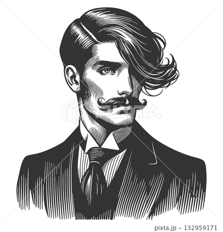 Stylish Man with Mustache and Long Hair vector 132959171