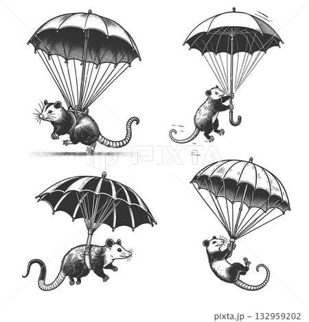 Opossums Parachuting with Umbrellas set vector 132959202