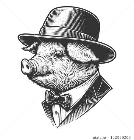 Pig in Suit and Hat engraving vector illustration 132959209