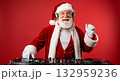 Santa Claus DJing with Headphones and a Big Smile on a Red Background 132959236