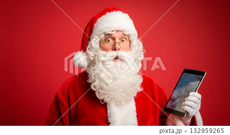 Santa Claus looking surprised while holding a tablet on a red background 132959265