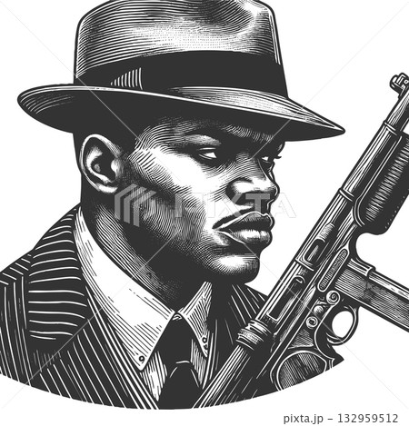 Gangster with machine gun raster illustration 132959512