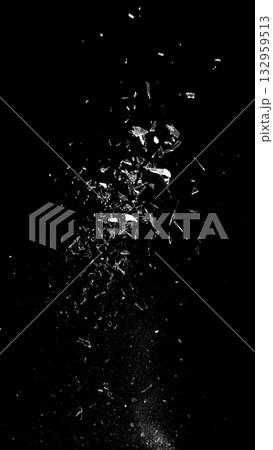 Freeze Motion Shot of Breaking Real Glass Isolated on Black Background 132959513