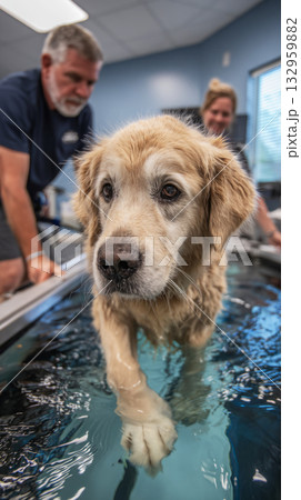 A golden retriever walks carefully on an underwater treadmill during rehabilitation. A trainer provides gentle support to help the dog with its exercise routine 132959882