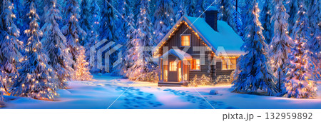 Experience a winter vacation at a cozy mountain chalet, where snow blankets the ground and holiday lights sparkle on trees, creating a peaceful retreat in nature, banner 132959892