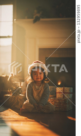 A young child sits in front of a warm fireplace, excitedly unwrapping a holiday gift surrounded by colorful presents, creating a festive atmosphere in a cozy room 132959895