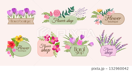 Floral labels. Decorative badges with floral design elements recent vector logotype for flowers boutique shop Floral labels. Decorative badges with floral design elements recent vector logotype for flowers boutique shop 132960042