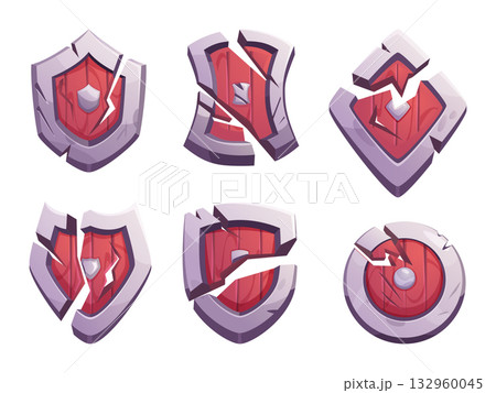 Broken shields. Cartoon medieval damaged weapons exact vector retro armor for knight Broken shields. Cartoon medieval damaged weapons exact vector retro armor for knight 132960045
