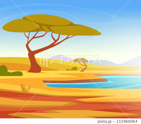 Safari background. outdoor savanna landscape in cartoon style 132960064