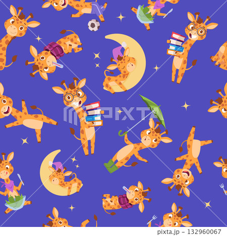 Giraffe pattern. little baby animal giraffe in different actions. seamless background in cartoon style Giraffe pattern. little baby animal giraffe in different actions. seamless background in cartoon style 132960067