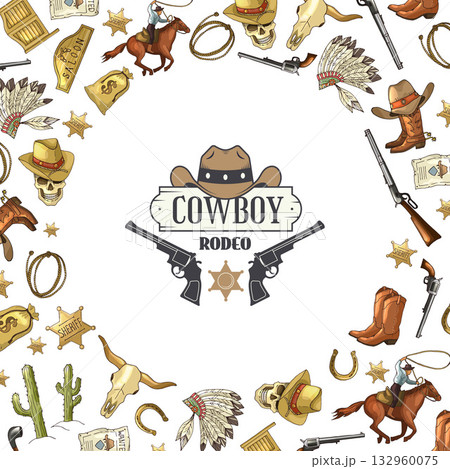 Cowboys poster. rodeo and wild west authentic items. vector placard design in circle shape 132960075