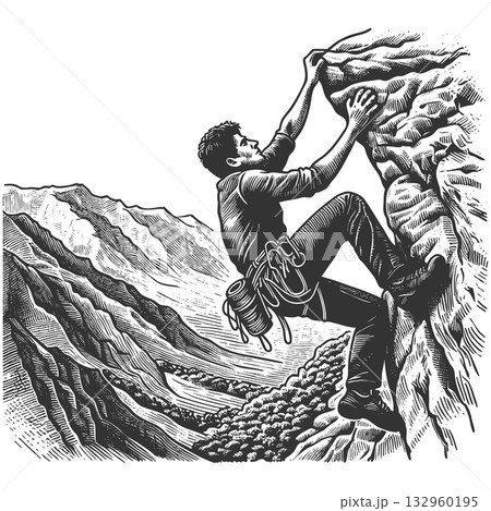 Man Rock Climbing on Steep Cliff Face raster Man Rock Climbing on Steep Cliff Face raster 132960195