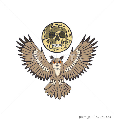 Hand drawn owl flying in night sky with full skull face moon isolated on white background 132960323
