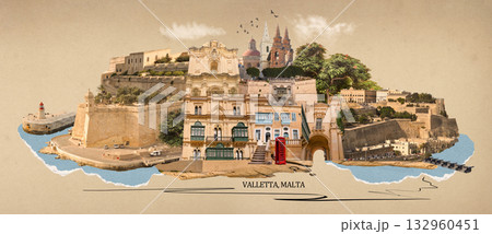 View of old building with windows, balconies in city. Republic of Malta, the picturesque city Valetta, Malta. Art Collage or disign View of old building with windows, balconies in city. Republic of Malta, the picturesque city Valetta, Malta. Art Collage or disign 132960451