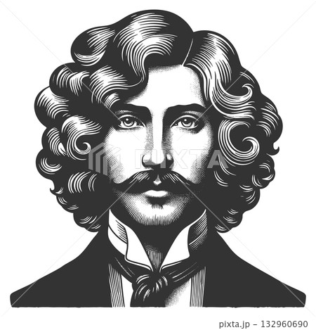 Handsome Man with Curly Hair and Mustache vector 132960690