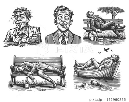 Drunk Men Passed Out engraving raster collection Drunk Men Passed Out engraving raster collection 132960836