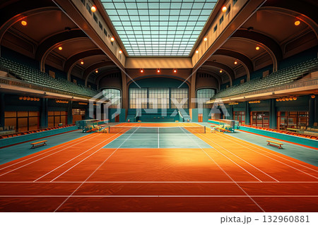 Aerial view of an indoor tennis court designed for high stakes competitions Aerial view of an indoor tennis court designed for high stakes competitions 132960881