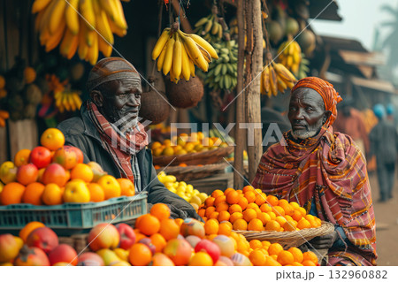 African stall with exotic tropical fresh fruits, sellers Africans smiling friendly. 132960882