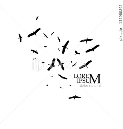Silhouette of a flock of cranes. Hand drawn. Not AI, vector illustration. 132960893