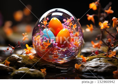 Colorful Easter eggs surrounded by delicate flowers in a glass sphere on a dark background 132960942
