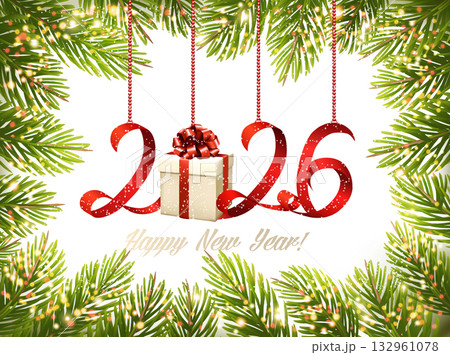 Christmas retro background with tree branches and numbers 2026 made of red ribbons. Vector. 132961078