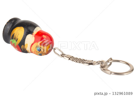 Pile of Colorful Wooden Mannequin Keychain Shaped Gummies Isolated on White Background 132961089
