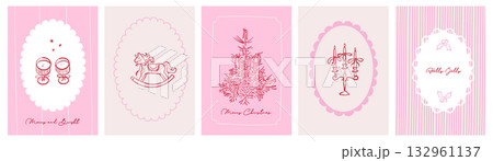 Christmas hand drawn vintage greeting card set with Christmas tree, candles, rocking horse and bows and border frames on striped background. Xmas vector design in trendy coquette style 132961137