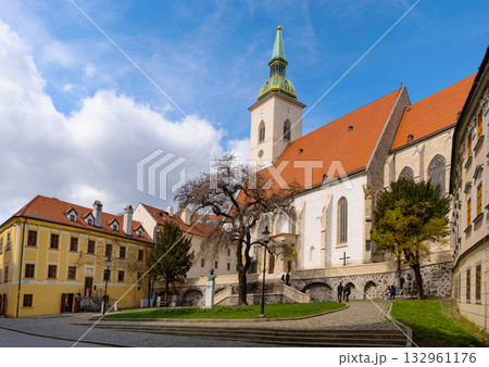 St. Martin's Cathedral stands prominently against the Bratislava skyline, showcasing its historical architecture. Nearby buildings and a clear sky add to the urban landscape's charm 132961176