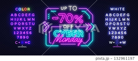 Neon Cyber Monday discount banner with glowing letters and numbers for editable text, perfect for customizing digital ads. Vector illustration 132961197