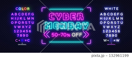 Futuristic Cyber Monday neon banner framed with light arrows and full typeface packs, great for editable sale designs. Vector illustration Futuristic Cyber Monday neon banner framed with light arrows and full typeface packs, great for editable sale designs. Vector illustration 132961199