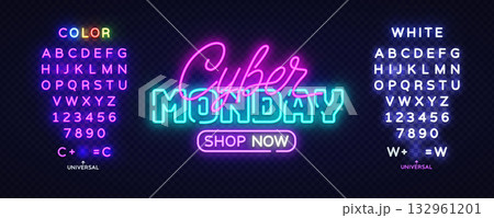 Neon Cyber Monday banner with glowing alphabet sets in color and white, perfect for customizing sale ads and digital promos. Vector illustration 132961201