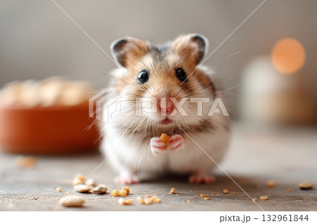 Cute Hamster Eating Seeds with Bokeh Background 132961844