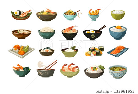 Food in bowls cartoon vector set. Dishes asian cuisine eggs noodles rice, plates with meals rolls dumplings shrimps sushi sticks soup servings isolated on white background 132961953