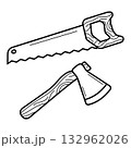 Saw and ax. Hand drawn icon in sketch doodle style. Isolated vector illustration. 132962026